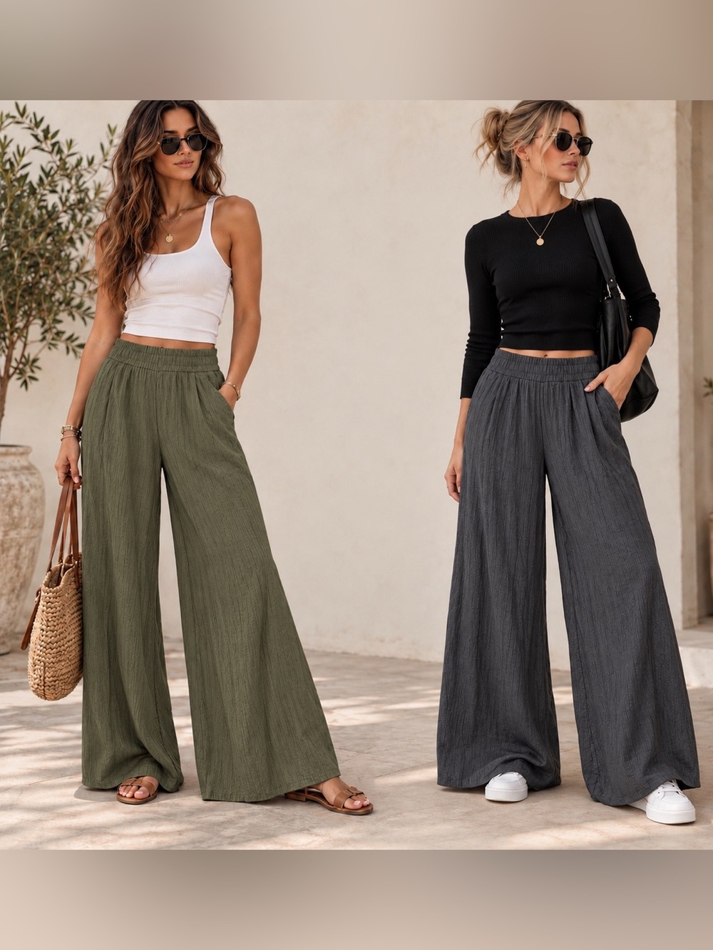 Wonderly Wide Leg Pants BUNDLE Olive Charcoal Linen Look Flowy Pull On Coastal S